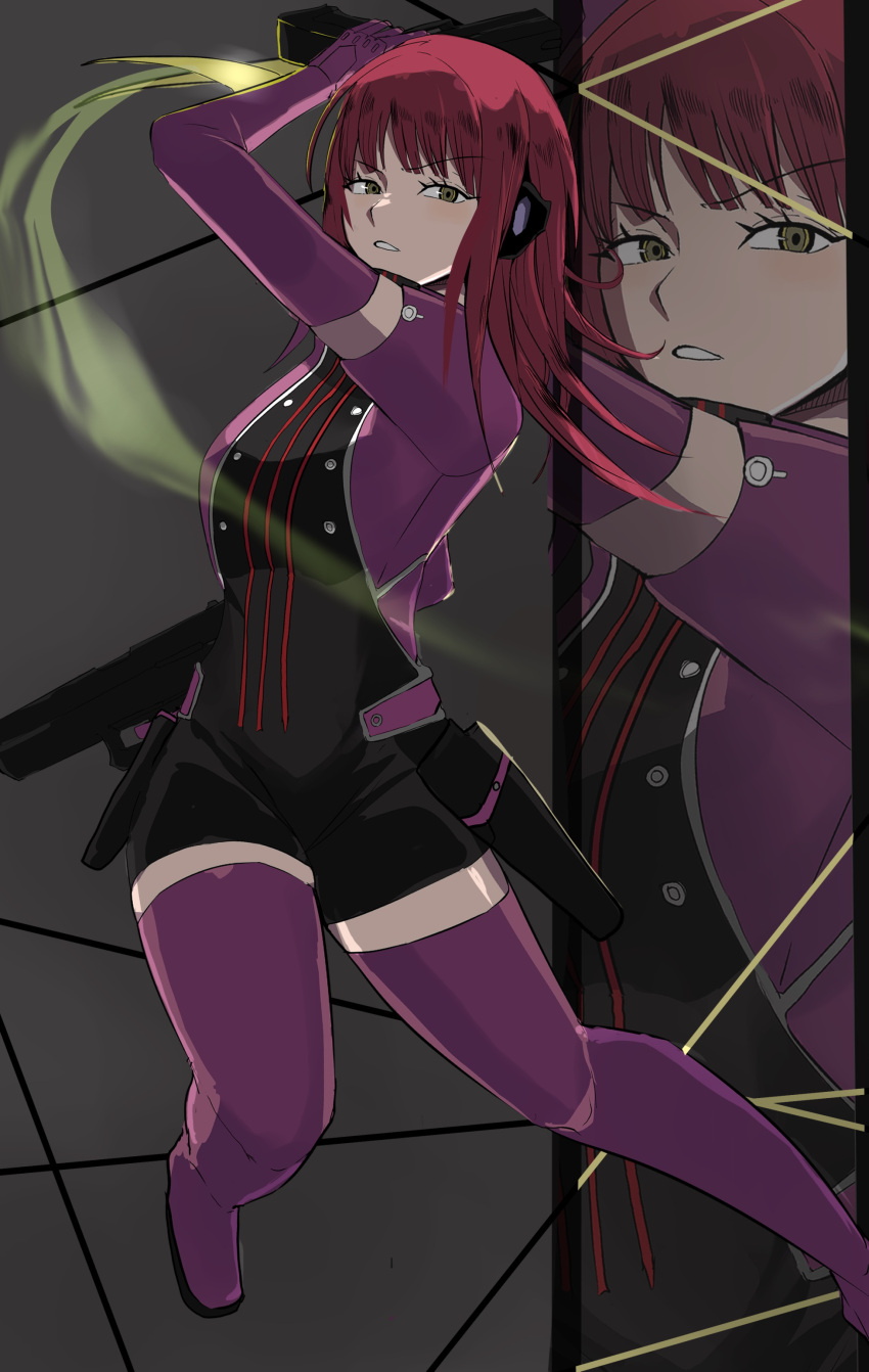 1girl, absurdres, arm_blade, boots, breasts, commentary, dual_wielding, elbow_gloves