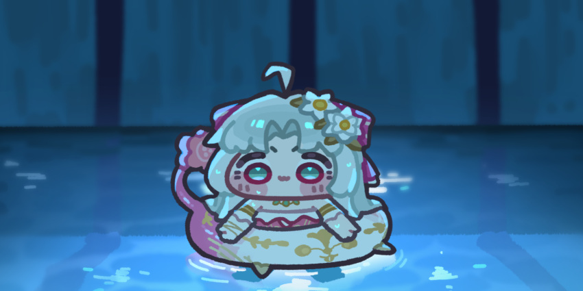 1girl, ahoge, aqua_eyes, bow, carlotta_(splashing_summer)_(wuthering_waves), carlotta_(wuthering_waves), chibi, chibi_only
