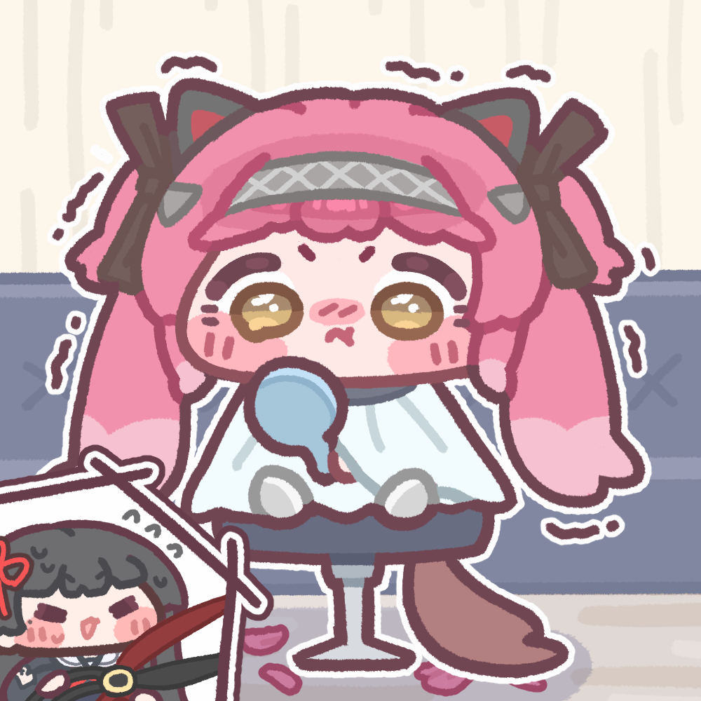 1girl, 2girls, barber_shop, black_hair, blunt_bangs, blush_stickers, chibi, chibi_only