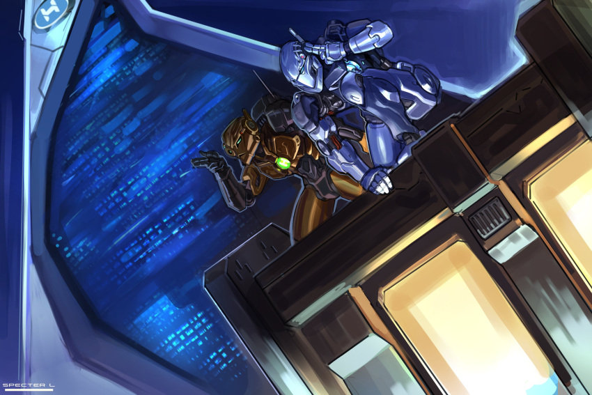 2boys, absurdres, armor, blue_eyes, building, cityscape, daniel_rocka, gold_armor