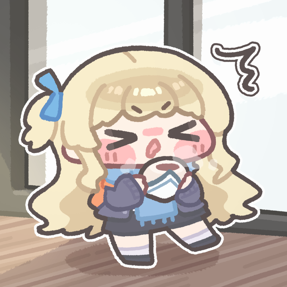 >_<, 1girl, ^^^, black_cardigan, black_shoes, black_skirt, blonde_hair, blue_ribbon