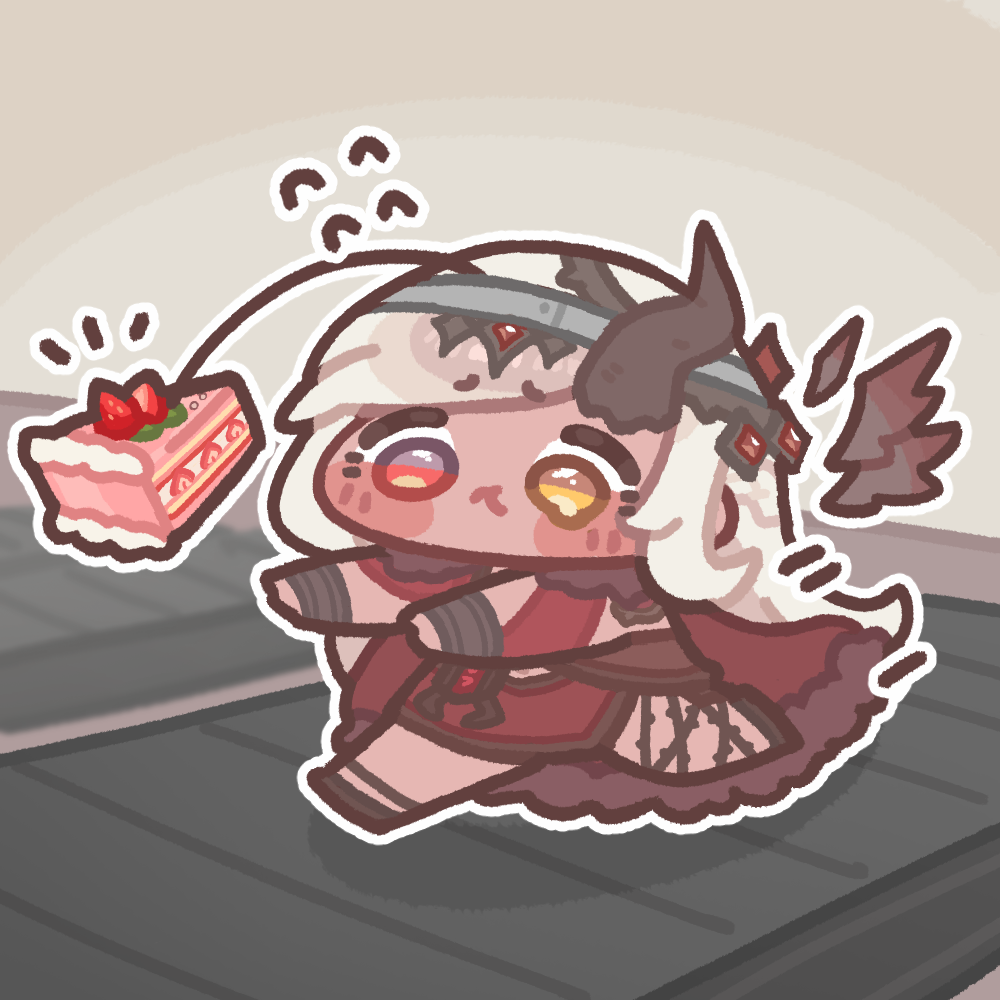 1girl, belita_(trickcal), black_horns, blush_stickers, cake, cake_slice, carrot_on_stick, chibi