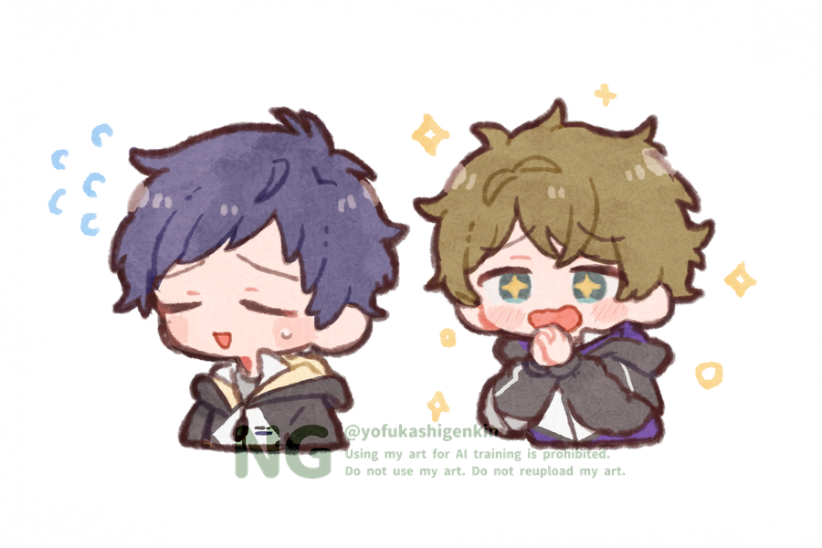 +_+, 2boys, blue_hair, brown_hair, closed_eyes, commentary_request, cropped_torso, ensemble_stars!, fushimi_yuzuru, green_eyes, hands_up, hood, hood_down, hooded_jacket, jacket, long_sleeves, male_focus, multiple_boys, nervous_sweating, open_mouth, short_hair, simple_background, sparkle, sweat, takamine_midori, watermark, white_background, z_(yofukashigenkin), zipper_pull_tab
