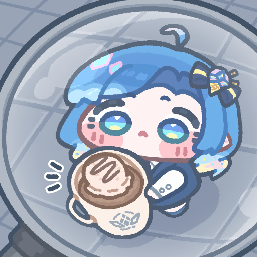 1girl, ahoge, asia_(trickcal), blue_eyes, blue_hair, blue_jacket, blush_stickers, closed_mouth