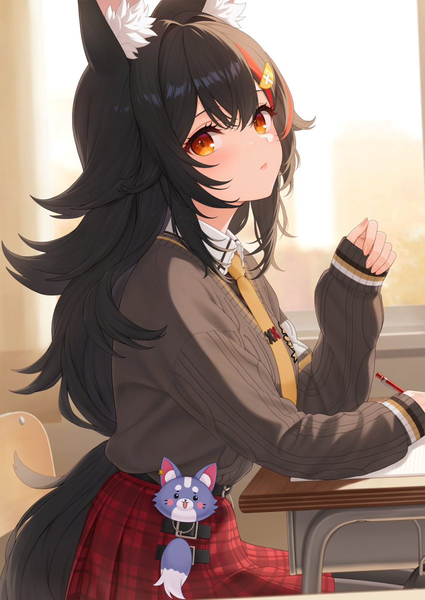 1girl, animal_ear_fluff, animal_ears, black_hair, commentary_request, desk, double-parted_bangs, expressionless