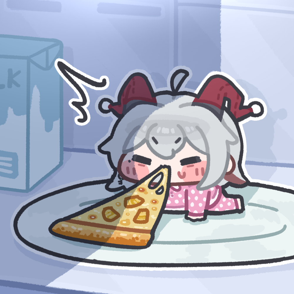1girl, ahoge, chibi, chibi_only, closed_eyes, commentary_request, curled_horns, eating