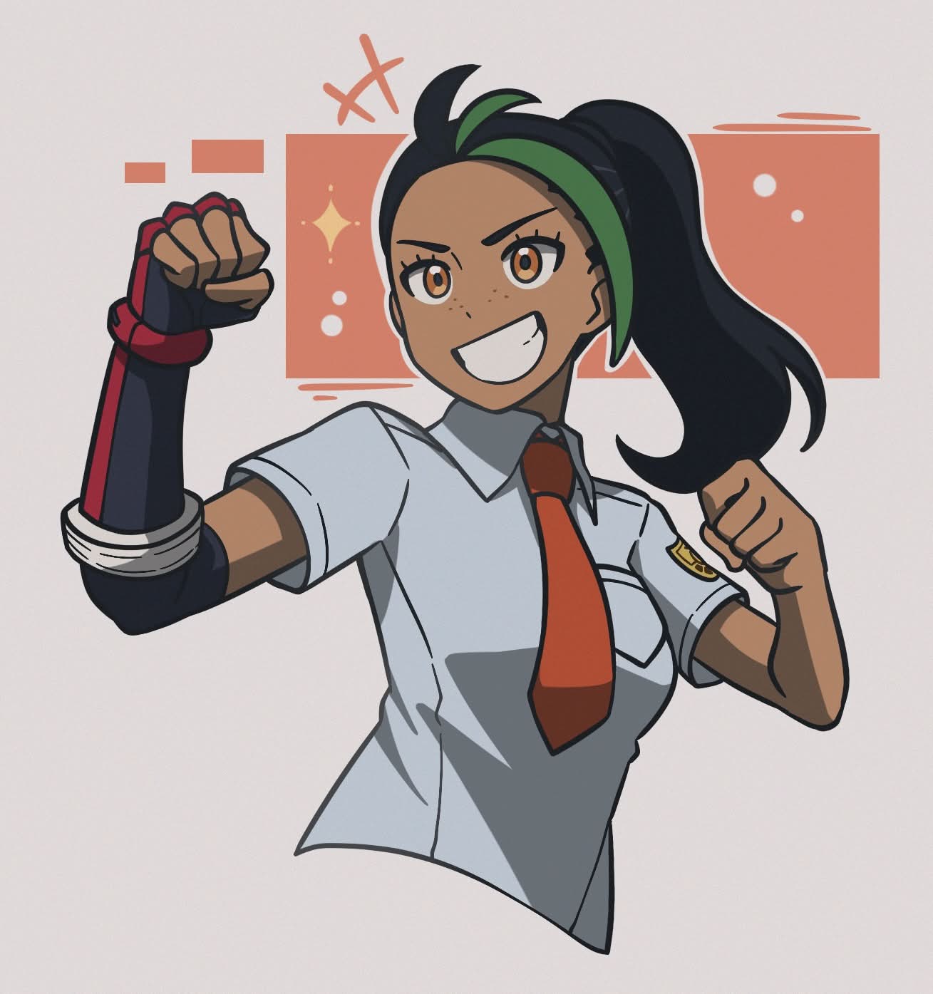1girl, black_gloves, black_hair, clenched_hands, collared_shirt, commentary, dark-skinned_female, dark_skin, elbow_gloves, english_commentary, freckles, gloves, green_hair, highres, m-hex, multicolored_hair, naranja_academy_school_uniform, necktie, nemona_(pokemon), orange_eyes, orange_necktie, pokemon, pokemon_sv, ponytail, school_uniform, shirt, short_sleeves, simple_background, single_elbow_glove, smile, solo, teeth, two-tone_hair, upper_body, white_shirt