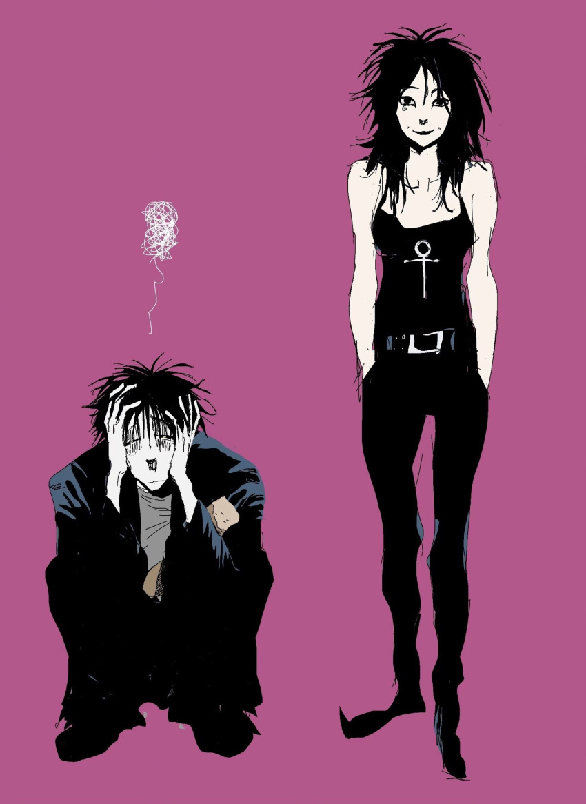 1boy, 1girl, ankh, annoyed, bare_shoulders, belt, black_hair, black_jacket, black_lips, black_pants, black_shirt, black_shoes, closed_eyes, death_of_the_endless, dream_of_the_endless, elbows_on_knees, eye_tattoo, flat_color, ftro, goth_fashion, grey_shirt, hands_in_pockets, hands_on_own_head, highres, jacket, legs_folded, long_hair, messy_hair, pale_skin, pants, purple_background, shaded_face, shirt, shoes, short_hair, sketch, smile, squatting, squiggle, tank_top, tattoo, the_sandman_(dc)
