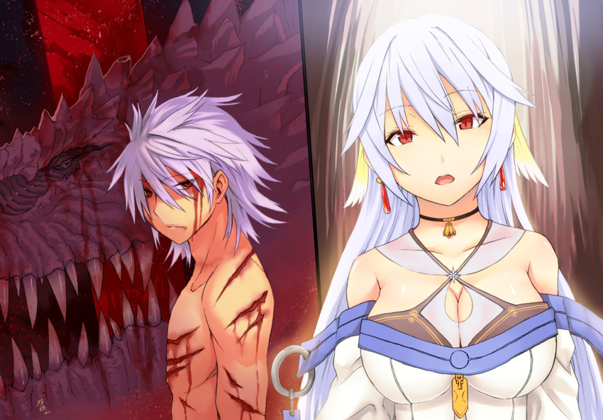 1boy, 1girl, albino, blood, breasts, choker, dragon, earrings