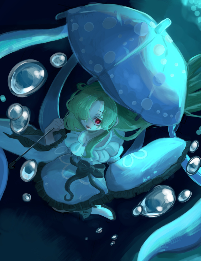 1girl, absurdres, air_bubble, blue_theme, bubble, commentary_request, dress_ribbon, green_hair