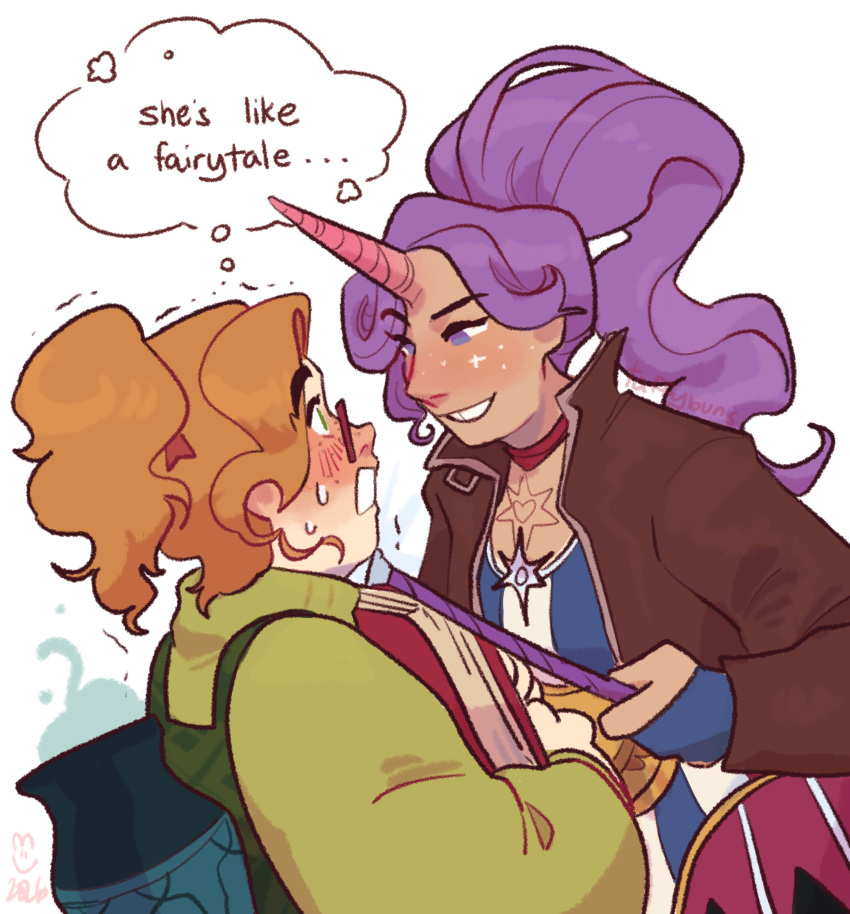 2girls, absurdres, blue_dress, blush, brown_jacket, celeste_(deadlock), commentary, curly_hair