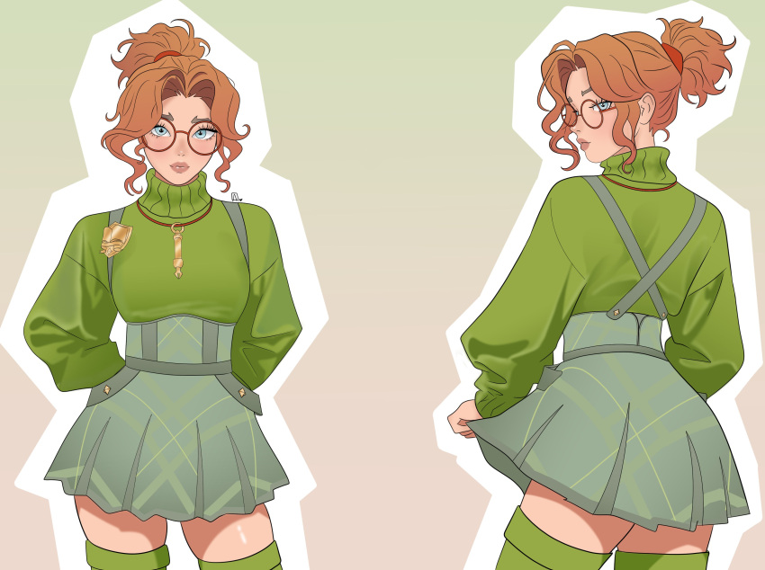 1girl, absurdres, anaessbae, artist_logo, blue_eyes, clothes_lift, commentary, deadlock_(game), english_commentary, facing_away, facing_viewer, glasses, gradient_background, green_background, green_skirt, green_sweater, green_thighhighs, hands_in_pockets, high_ponytail, highres, jewelry, lifting_own_clothes, logo, looking_at_viewer, looking_back, multiple_views, necklace, orange_background, orange_hair, outline, paige_(deadlock), ponytail, red-framed_eyewear, round_eyewear, short_ponytail, skirt, skirt_lift, solo, suspender_skirt, suspenders, sweater, thigh-highs, thighs, turtleneck, turtleneck_sweater, wavy_hair, white_outline, zettai_ryouiki