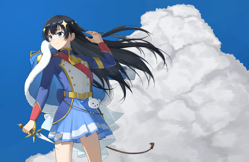 1girl, absurdres, anqininnn, arm_at_side, belt, black_hair, blue_eyes, blue_jacket