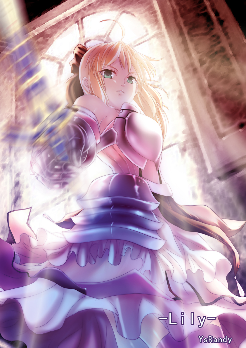 1girl, armored_dress, artoria_pendragon_(all), black_bow, blonde_hair, bow, breastplate, caliburn