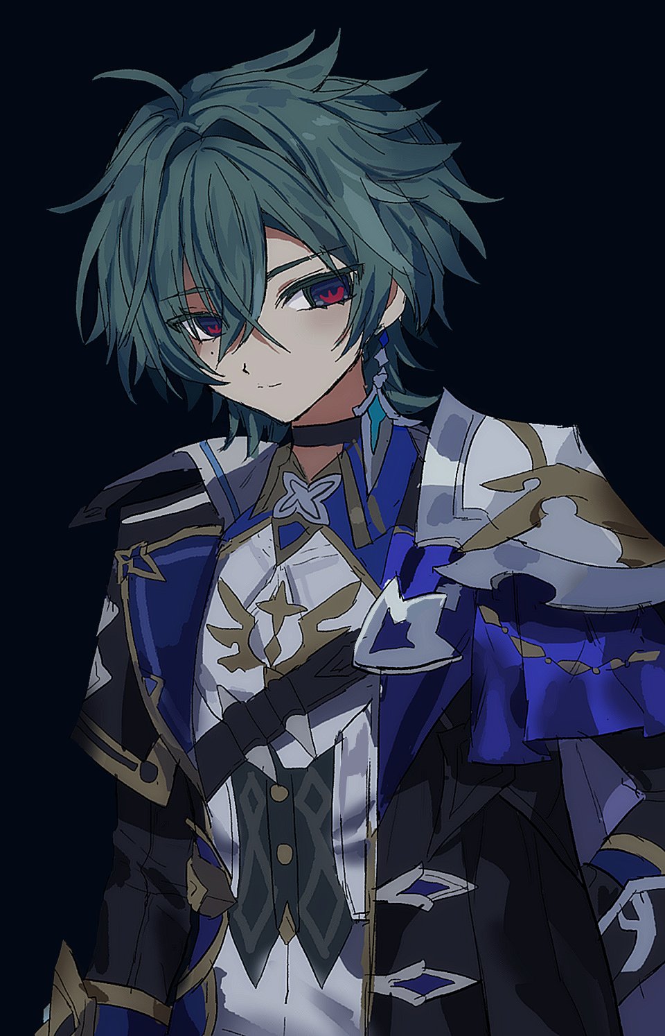 1boy, armor, black_background, black_choker, blue_eyes, blue_hair, choker, closed_mouth, crossed_bangs, earrings, genshin_impact, hair_between_eyes, highres, jewelry, lohen_(genshin_impact), long_sleeves, looking_at_viewer, male_focus, mole, mole_under_eye, pauldrons, shoulder_armor, simple_background, single_earring, single_pauldron, solo, upper_body, wanzzap