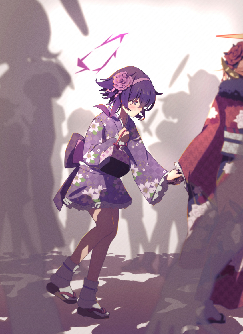 6+girls, absurdres, aru_(blue_archive), aru_(new_year)_(blue_archive), back_bow, bag, blue_archive, bow, commentary_request, demon_girl, demon_horns, floral_print, floral_print_kimono, flower, fur-trimmed_kimono, fur_trim, hairband, halo, haruka_(blue_archive), haruka_(new_year)_(blue_archive), highres, holding, holding_bag, holding_hands, horns, japanese_clothes, kimono, matsumoto_yutaka, multiple_girls, obi, official_alternate_costume, print_kimono, purple_bow, purple_flower, purple_hair, purple_hairband, purple_halo, purple_kimono, red_flower, red_kimono, sandals, sash, short_hair, short_kimono, socks, tabi, violet_eyes, white_bag, white_sash, white_socks, wide_sleeves, yellow_halo