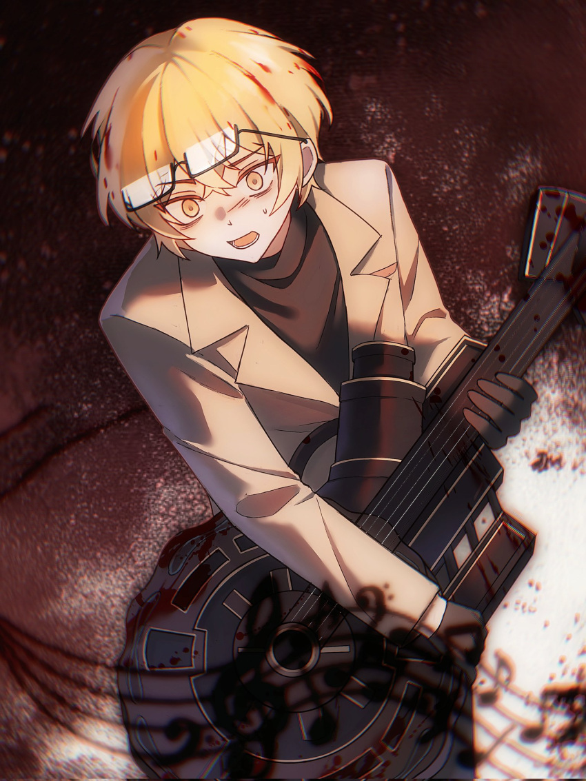 1boy, black_gloves, black_shirt, blonde_hair, blood_on_instrument, buhuaixiaoguai, crossed_bangs, dawn_office_(identity)_(project_moon)