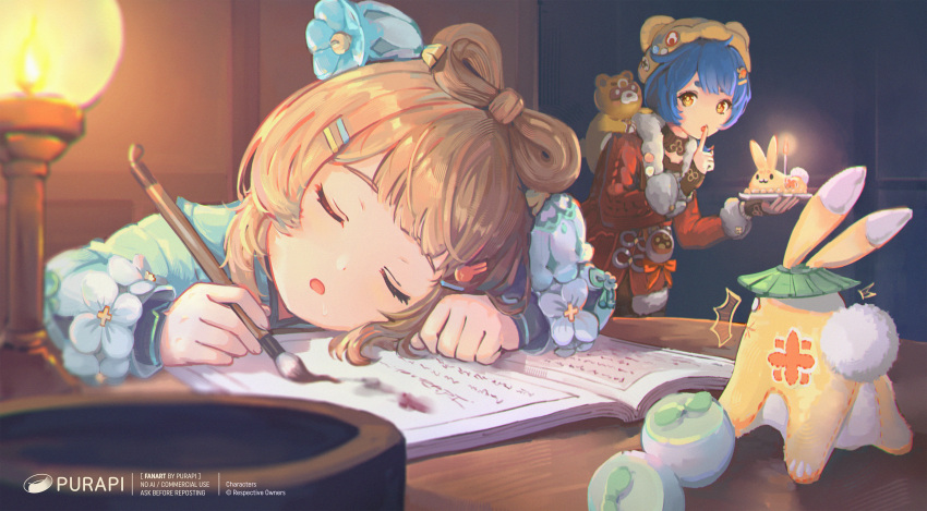 2girls, ^^^, absurdres, animal_ear_headwear, animal_ears, arm_rest, artist_logo, artist_name, beanie, blue_hair, book, bow-shaped_hair, brown_hair, calligraphy_brush, candle, candlelight, child, closed_eyes, commentary_request, copyright_notice, dress, eyebrows_hidden_by_hair, fake_animal_ears, finger_to_mouth, fur-trimmed_jacket, fur-trimmed_sleeves, fur_collar, fur_trim, genshin_impact, guoba_(genshin_impact), hair_ornament, hairclip, hat, head_rest, highres, holding, holding_brush, holding_calligraphy_brush, holding_paintbrush, index_finger_raised, indoors, jacket, leaning_forward, logo, long_sleeves, looking_at_another, multiple_girls, official_alternate_costume, official_alternate_hairstyle, open_book, open_mouth, paintbrush, purapi, red_jacket, shushing, sleeping, xiangling_(genshin_impact), xiangling_(new_year's_cheer)_(genshin_impact), yaoyao_(genshin_impact), yaoyao_(rainlit_bamboo_reverie)_(genshin_impact), yellow_eyes, yuegui_(genshin_impact)
