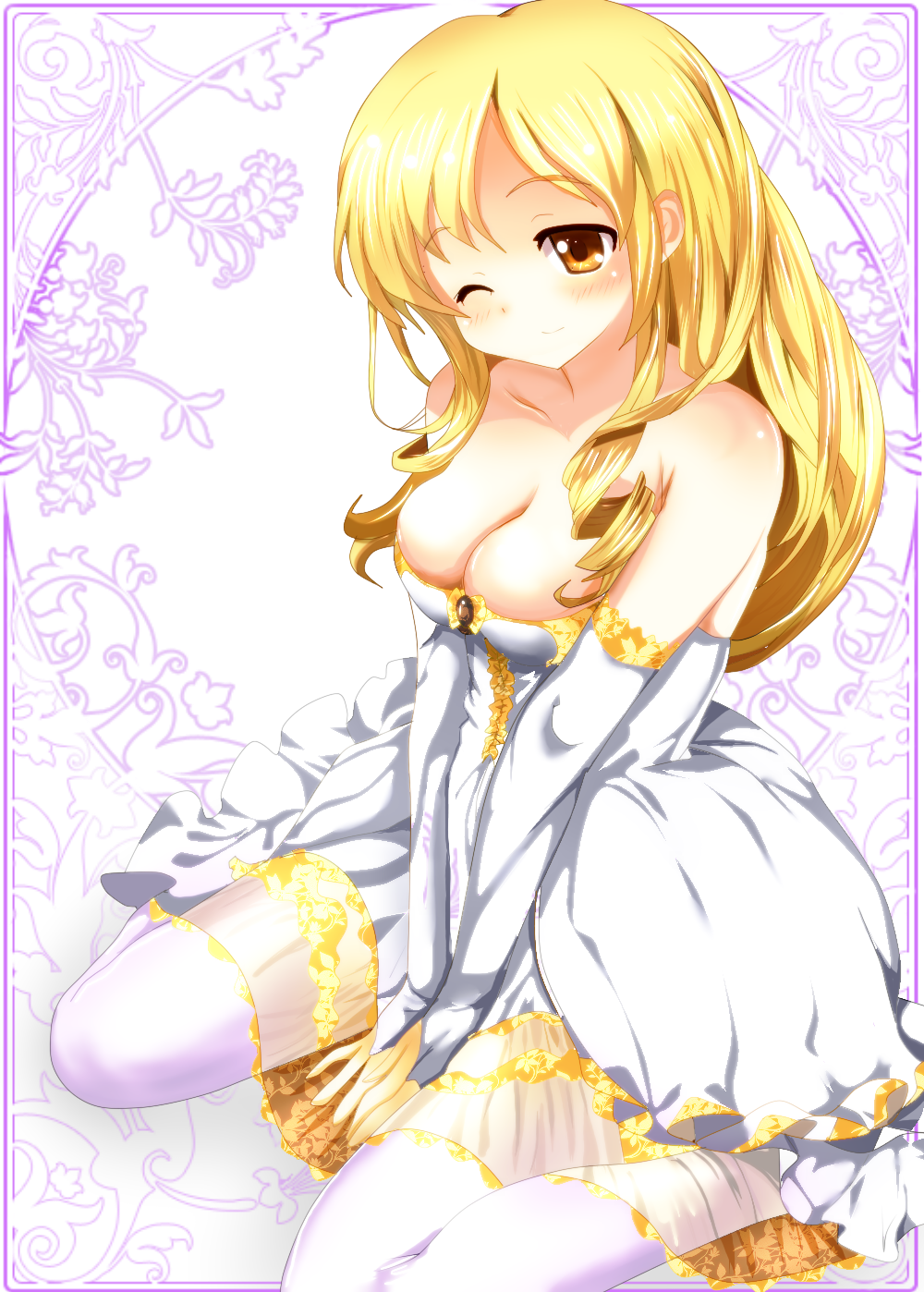 alternate_costume, alternate_hairstyle, bare_shoulders, between_legs, blonde_hair, breasts, bridal_gauntlets, cleavage, collarbone, dress, hand_between_legs, highres, kneeling, large_breasts, long_hair, mahou_shoujo_madoka_magica, seleb629, smile, solo, strapless_dress, thigh-highs, thighhighs, tomoe_mami, transparent_background, white_legwear, wink, yellow_eyes, yuiyuimoe