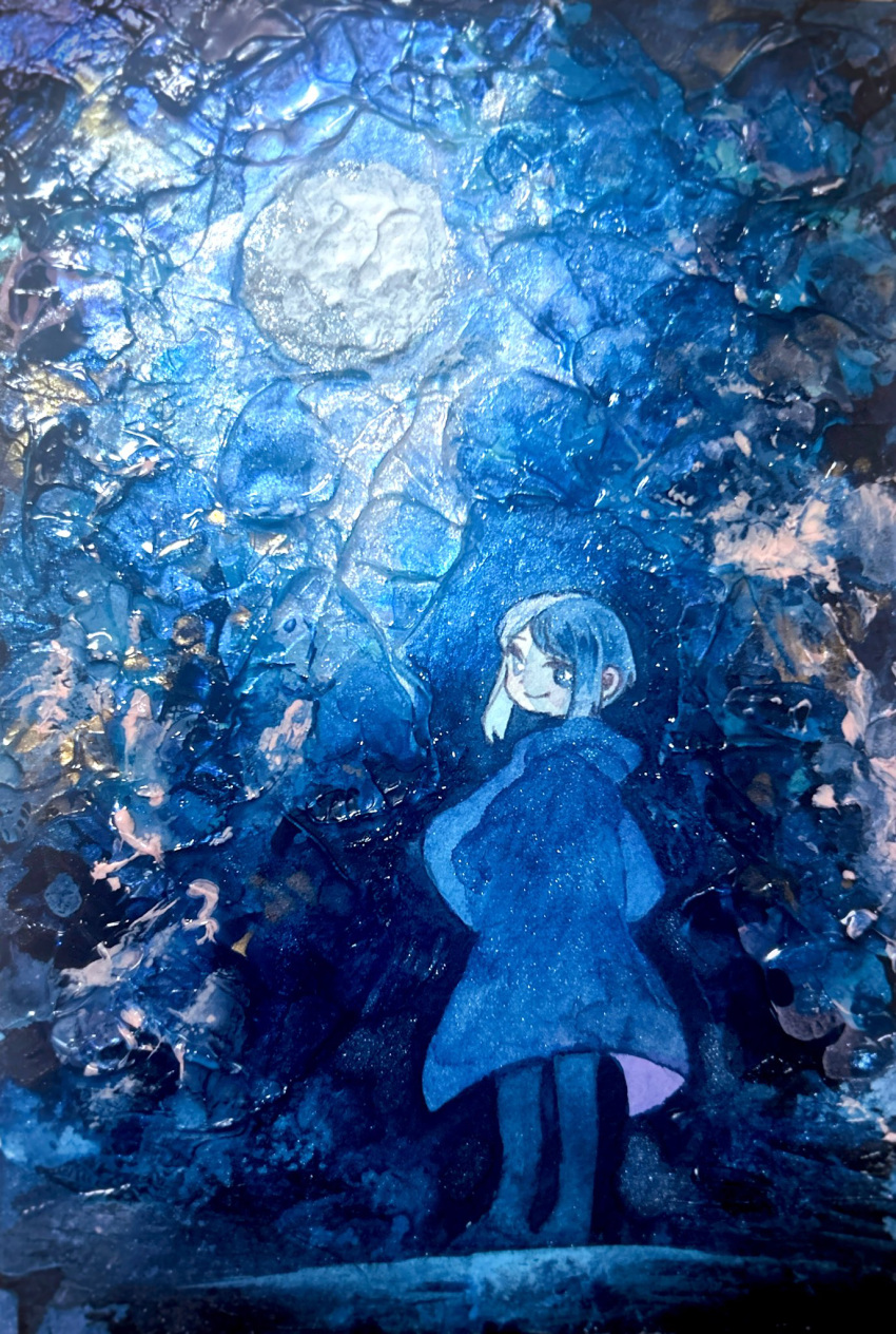 1girl, bari_(project_moon), blue_coat, blue_eyes, blue_hair, blue_pants, blue_theme, closed_mouth