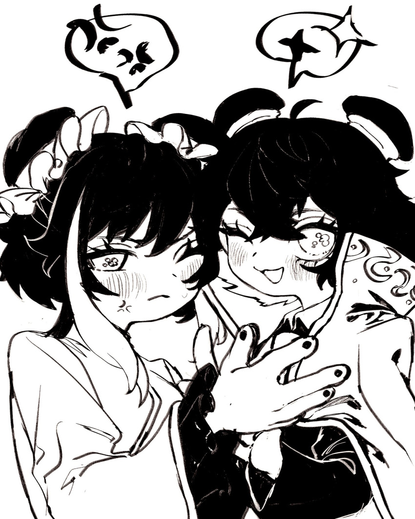 2girls, :<, :3, anger_vein, blush, commentary_request, frilled_sleeves, frills