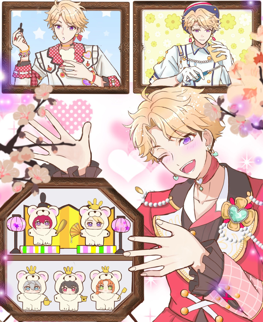 1boy, achiko_e_wo_kaku!, animal_ears, bead_bracelet, beads, bear_ears, black_hair, blonde_hair, blue_eyes, bracelet, character_doll, choker, closed_mouth, collared_shirt, commentary_request, crown, curtained_hair, doll, earrings, ensemble_stars!, fake_animal_ears, feature_scout_1_(ensemble_stars!), fingernails, flower, folding_fan, frilled_sleeves, frills, gloves, green_eyes, grey_hair, hand_fan, hand_up, hands_up, hat, heart, heart_earrings, highres, holding, holding_fan, holding_scissors, jewelry, knights_(ensemble_stars!), lapels, long_sleeves, looking_at_viewer, love_collector_(ensemble_stars!), made_me_(ensemble_stars!), male_focus, narukami_arashi, notched_lapels, official_alternate_costume, one_eye_closed, onesie, open_hands, open_mouth, orange_hair, red_eyes, red_hair, ring, sakuma_ritsu, scissors, sena_izumi_(ensemble_stars!), shirt, short_hair, smile, star_(symbol), suou_tsukasa, teeth, tsukinaga_leo, undercut, upper_body, very_short_hair, violet_eyes, white_gloves