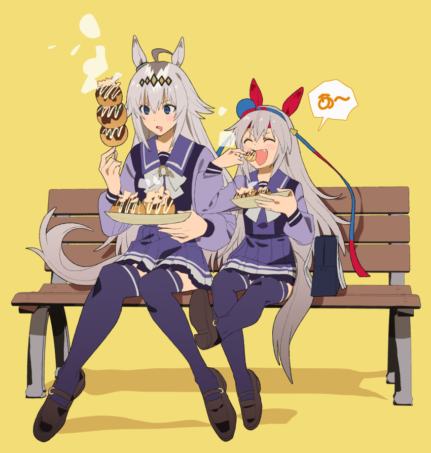 2girls, ahoge, animal_ears, bag, betti_(xx_betti), blue_eyes, blue_hairband, blush, bow, bowtie, closed_eyes, drooling, ear_covers, ear_ornament, food, glutton, grey_hair, grey_tail, hair_between_eyes, hair_ornament, hairband, headband, highres, holding, horse_ears, horse_girl, horse_tail, long_hair, long_sleeves, mouth_drool, multicolored_hair, multicolored_hairband, multiple_girls, oguri_cap_(umamusume), on_bench, open_mouth, pleated_skirt, purple_sailor_collar, purple_serafuku, purple_shirt, purple_skirt, purple_thighhighs, red_headband, sailor_collar, sailor_shirt, school_bag, school_uniform, serafuku, shirt, sitting, skirt, smile, speech_bubble, steaming_food, striped_clothes, striped_hairband, tail, takoyaki, tamamo_cross_(umamusume), thigh-highs, toothpick, tracen_school_uniform, two-tone_hairband, umamusume, white_bow, white_bowtie