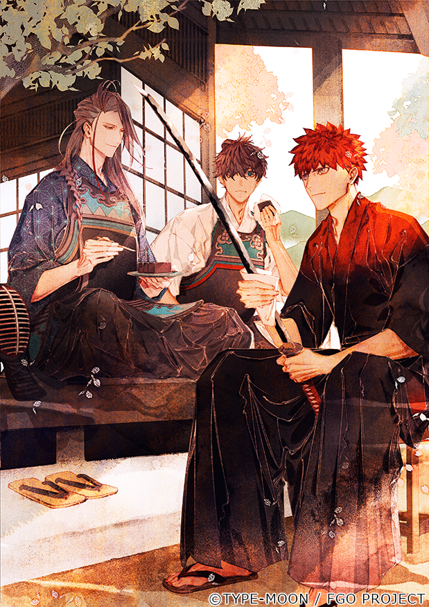 3boys, aojima, architecture, armor, asa_no_ha_(pattern), black_hair, black_hakama, blue_kimono