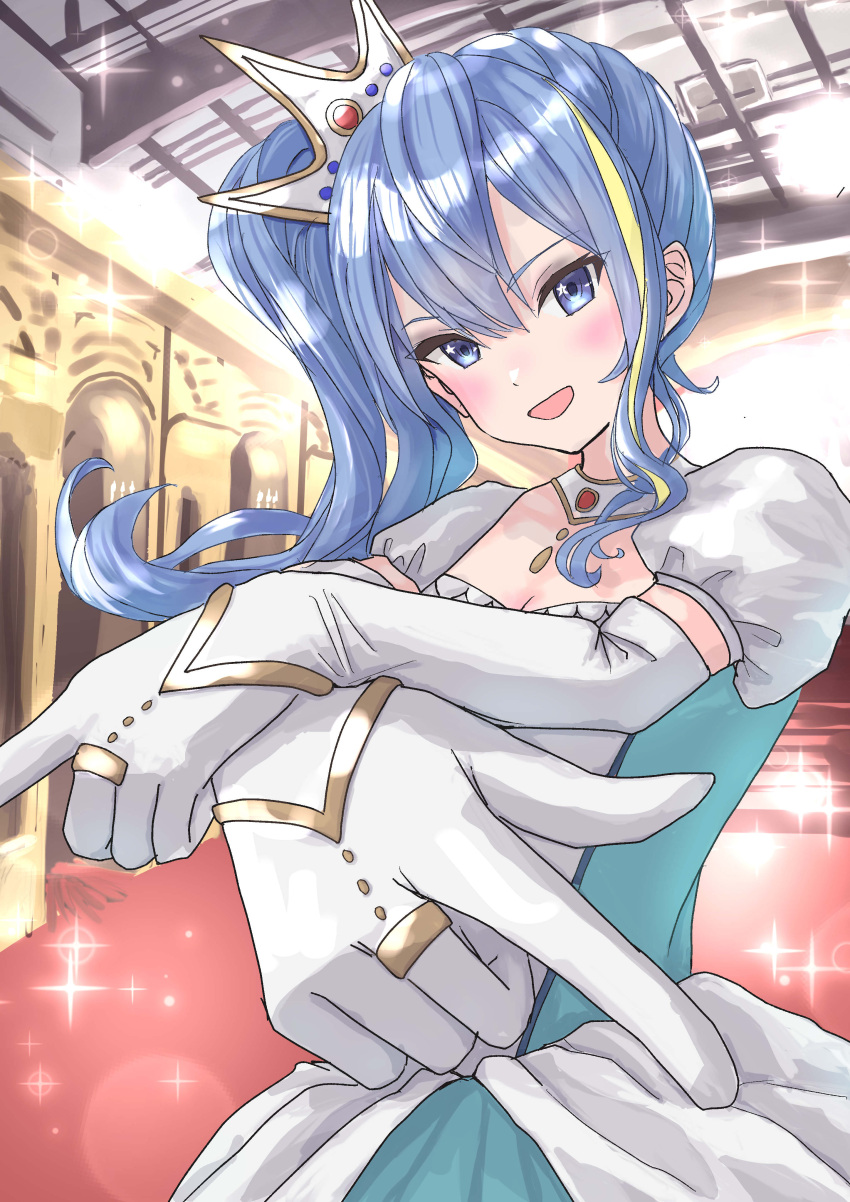 1girl, absurdres, bibbidiba_(hololive), blonde_hair, blue_eyes, blue_hair, commentary, crown