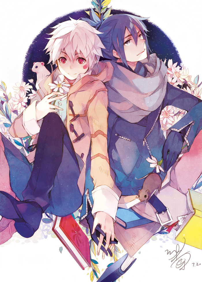 bandaid, blue_hair, book, flower, gloves, hand_holding, holding_hands, jacket
