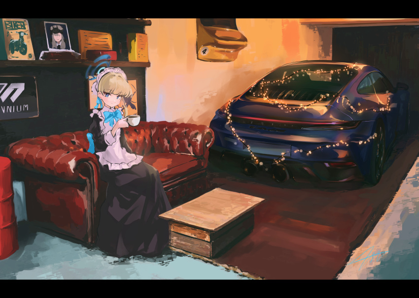 1girl, absurdres, apron, black_dress, blonde_hair, blue_archive, blue_bow, blue_eyes