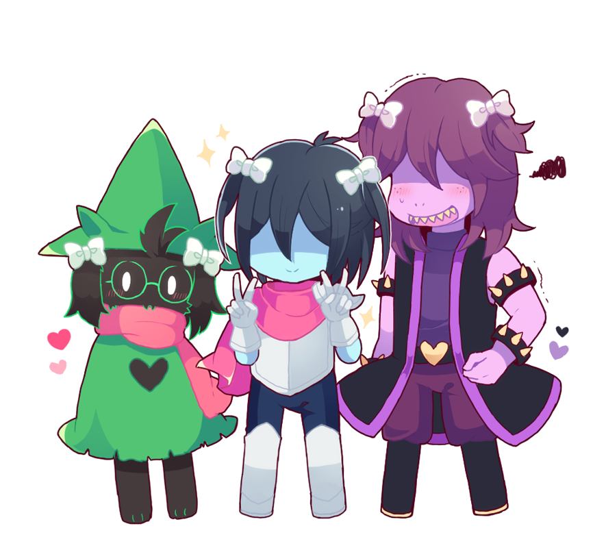1boy, 1girl, 1other, androgynous, animal_ears, antenna_hair, armored_boots, barefoot, belt, black_belt, black_bodysuit, black_boots, black_hair, black_vest, blue_skin, blush, bodysuit, boots, bow, bracelet, buckle, cape, chibi, chibi_only, closed_mouth, colored_skin, commentary_request, cuirass, deltarune, double-parted_bangs, double_v, fangs, freckles, furry, furry_female, furry_male, gauntlets, glasses, green-framed_eyewear, green_hat, hair_bow, hat, heart, heart-shaped_buckle, jewelry, kae77p, kris_(dark_world)_(deltarune), kris_(deltarune), long_hair, no_eyes, open_clothes, open_mouth, open_vest, pants, pink_scarf, purple_hair, purple_pants, purple_shirt, purple_skin, ralsei, ralsei_(hat), red_cape, round_eyewear, scarf, shaded_face, sharp_teeth, shirt, short_hair, simple_background, skin_fangs, sleeveless, sleeveless_shirt, smile, spiked_bracelet, spikes, susie_(dark_world)_(deltarune), susie_(deltarune), sweatdrop, teeth, upper_teeth_only, utdr_(toby_fox), v, vest, white_background, white_bow, white_eyes
