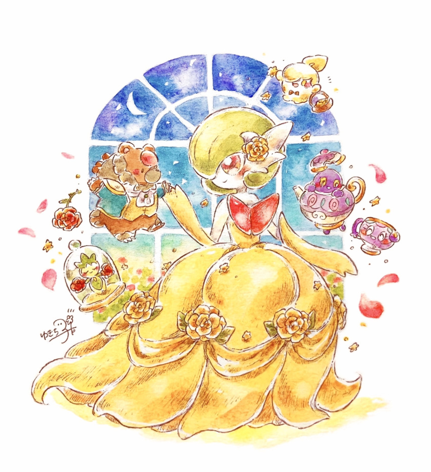1boy, 2girls, @_@, adapted_costume, animal_ears, arm_at_side, artist_name, ascot, bare_shoulders, basket, bear_boy, bear_ears, bear_tail, beauty_and_the_beast_(disney), black_bow, black_bowtie, bloodmoon_ursaluna, blue_background, blue_jacket, blush, bob_cut, body_fur, bottomless, bow, bowtie, brown_eyes, brown_fur, chibi, chibi_inset, closed_eyes, closed_mouth, clothed_pokemon, colored_skin, commentary_request, crescent_moon, cup, dancing, dress, elbow_gloves, floating, flower, furry, furry_male, gardevoir, gloves, green_hair, hair_flower, hair_ornament, hair_over_one_eye, hand_up, happy, highres, holding, holding_basket, holding_hands, indoors, jacket, litwick, long_dress, mega_gardevoir, mega_pokemon, monster_girl, moon, multiple_girls, night, one_eye_covered, open_clothes, open_jacket, painting_(medium), petals, plant_girl, pokemon, polteageist, red_eyes, red_flower, red_rose, rose, roselia_(pokemon), shirt, short_hair, short_tail, signature, sinistea, smile, solid_oval_eyes, standing, strapless, strapless_dress, tail, teacup, teapot, terrarium, thorns, traditional_bowtie, traditional_media, u_u, ursaluna, watercolor_(medium), white_ascot, white_skin, window, yellow_dress, yellow_eyes, yellow_flower, yellow_gloves, yellow_shirt, yukichi_0611