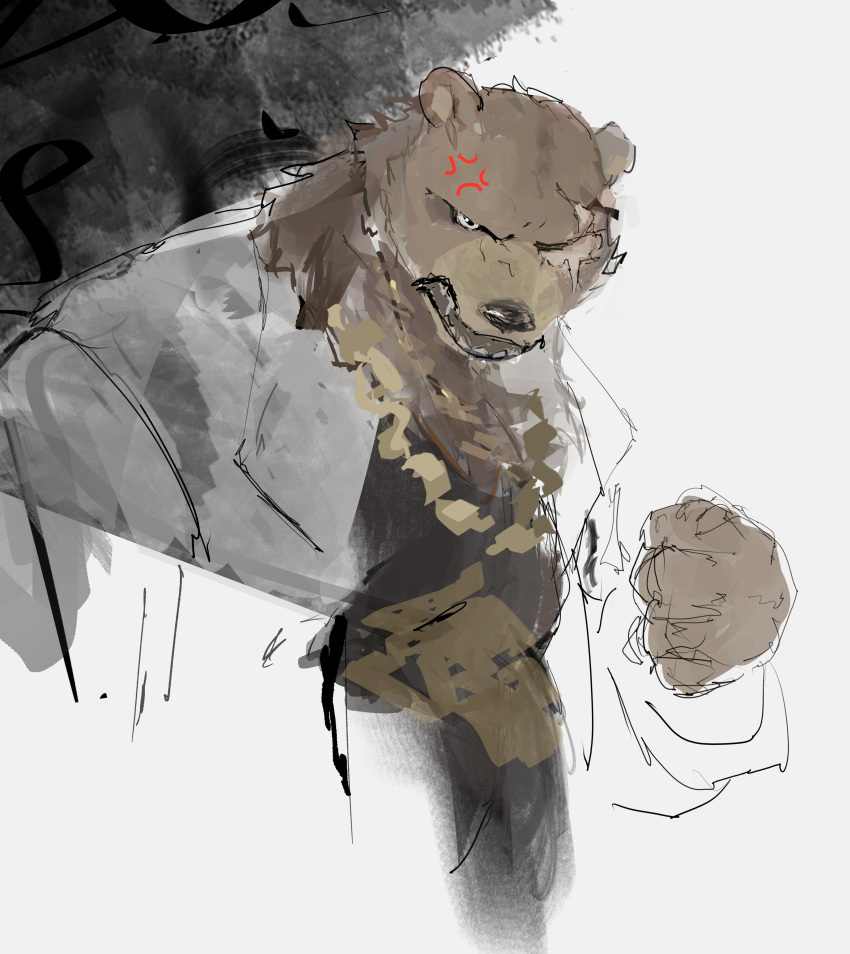 0_0ffline, 1boy, absurdres, anger_vein, ben_bigger, black_tank_top, brown_fur, clenched_hand