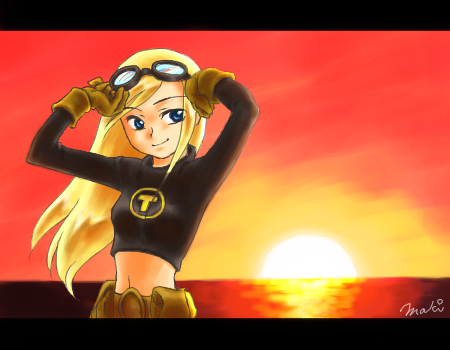 blonde_hair, dc_comics, gloves, goggles, long_hair, sky, smile, sunset, teen_titans, terra_(teen_titans), water