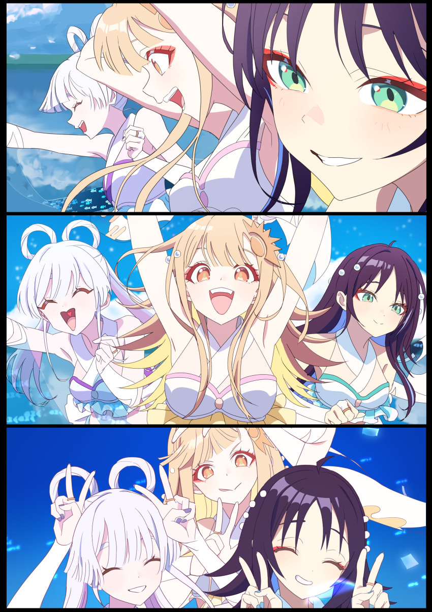 3girls, ^_^, absurdres, black_hair, blonde_hair, blue_hair, blue_nails, breasts
