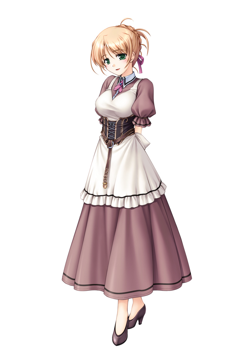 aiyoku_no_eustia, apron, arms_behind_back, artist_request, bangs, bekkankou, belt, blonde_hair, blush, braid, breasts, corset, dress, green_eyes, hair_bun, hair_ornament, hair_ribbon, hair_up, happy, high_heels, highres, large_breasts, melt_logtie, no_socks, official_art, open_mouth, ribbon, shoes, skirt, solo, source_request, transparent_background, walking