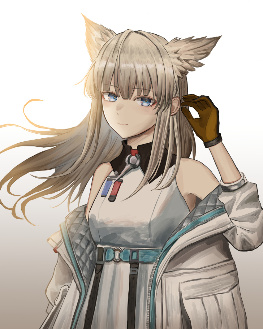 1girl, absurdres, arknights, arknights:_endfield, bare_shoulders, black_gloves, blue_eyes, closed_mouth