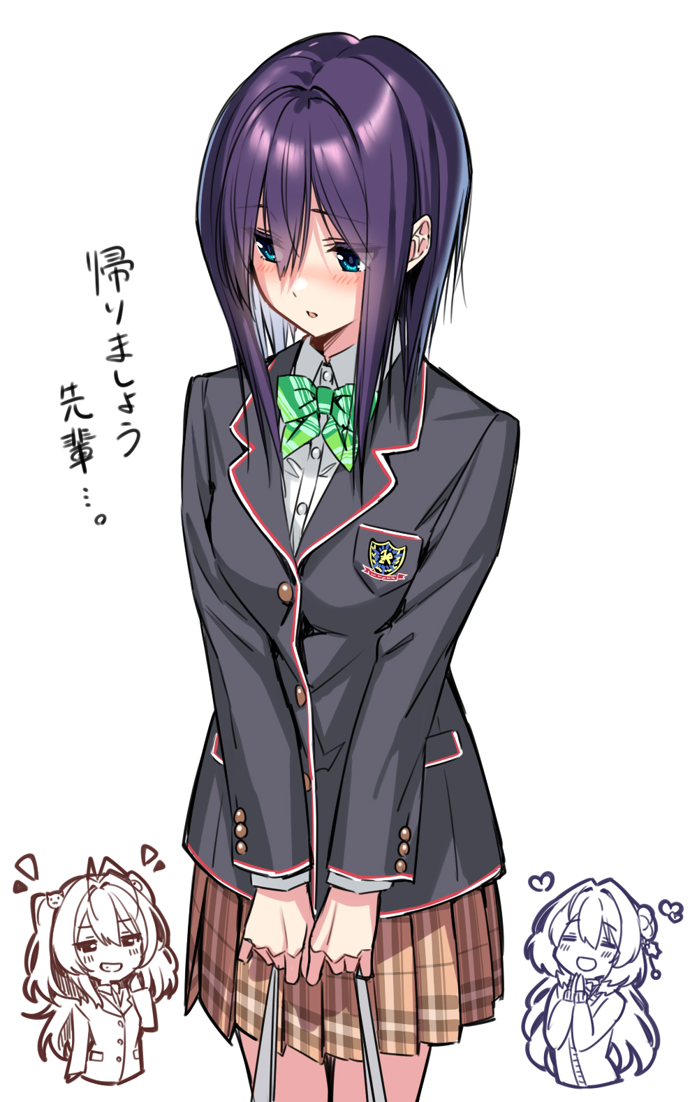 3girls, antenna_hair, blue_eyes, bob_cut, bow, bowtie, brown_skirt, commentary_request