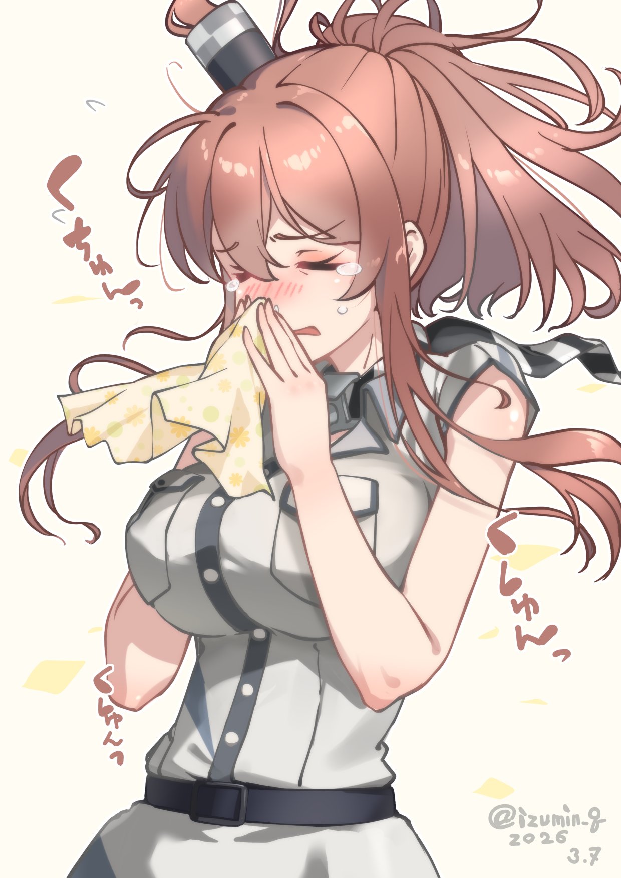 1girl, allergy, blush, breast_pocket, breasts, brown_hair, commentary_request, dated