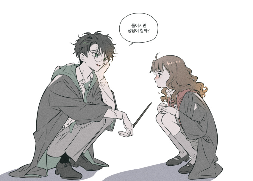 1boy, 1girl, ahoge, alternate_universe, animification, black_eyes, black_hair, black_robe