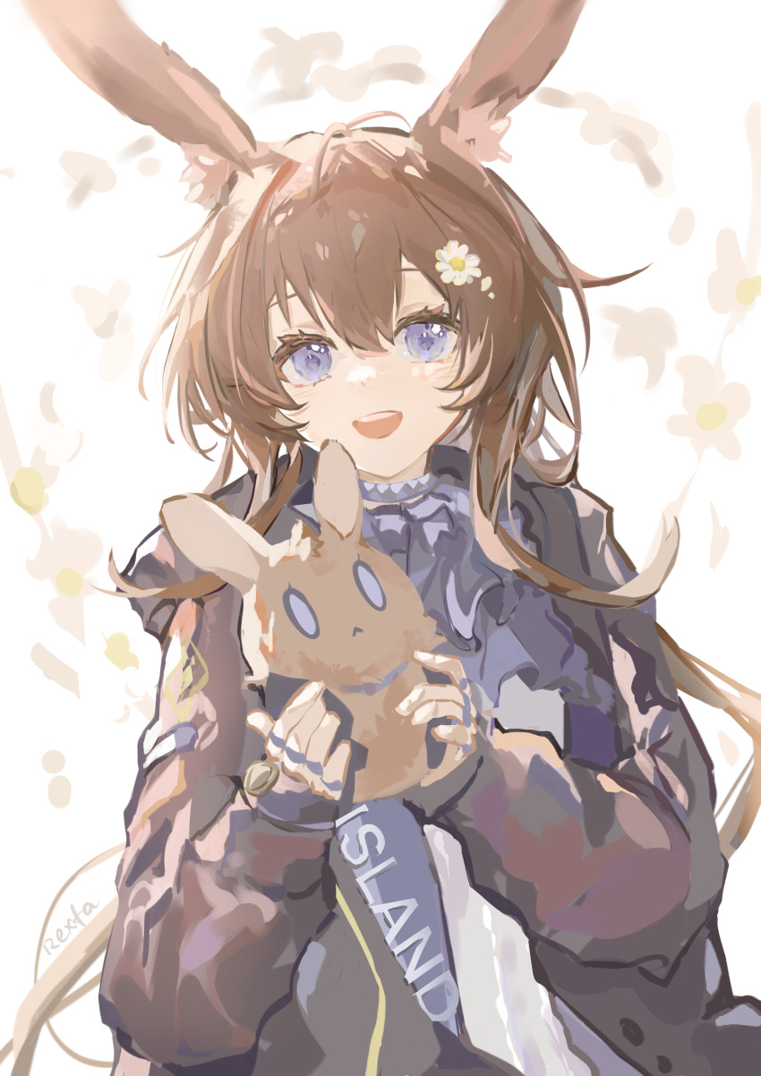 1girl, :d, absurdres, amiya_(arknights), animal_ears, arknights, ascot, black_jacket
