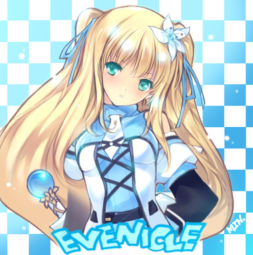 1girl, aqua_eyes, blue_background, blue_dress, blue_flower, blue_ribbon, breasts, checkered_background, copyright_name, detached_sleeves, dress, evenicle, evenicle_(series), flower, hair_flower, hair_ornament, hair_ribbon, head_tilt, long_hair, medium_breasts, min-naraken, official_art, parted_lips, ribbon, riche_eden, signature, sleeveless, sleeveless_dress, solo, two_side_up, upper_body