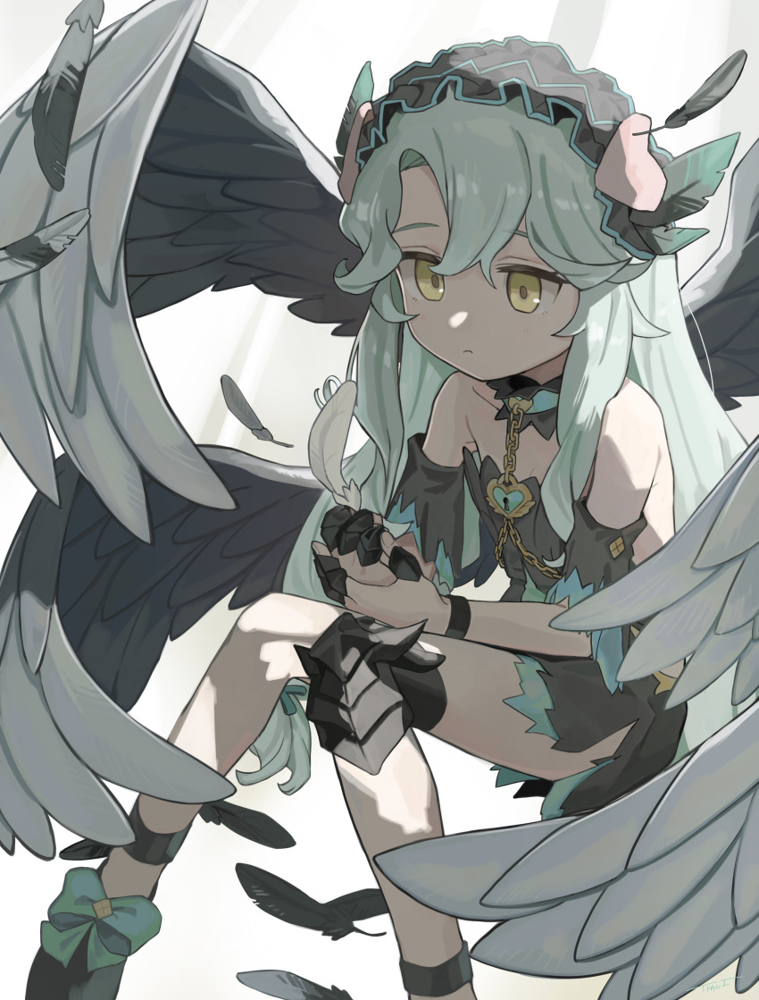 absurdres, animal_ears, bare_shoulders, collar, commentary_request, feathers, green_hair, highres
