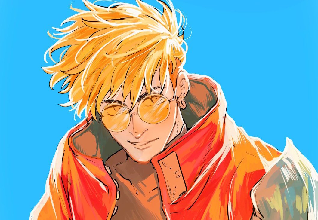 1boy, ame_ekai, blonde_hair, blue_sky, close-up, commentary_request, earrings, high_collar, jewelry, looking_to_the_side, male_focus, mole, sky, smile, solo, tinted_eyewear, trigun, trigun_stampede, undercut, vash_the_stampede, yellow-tinted_eyewear