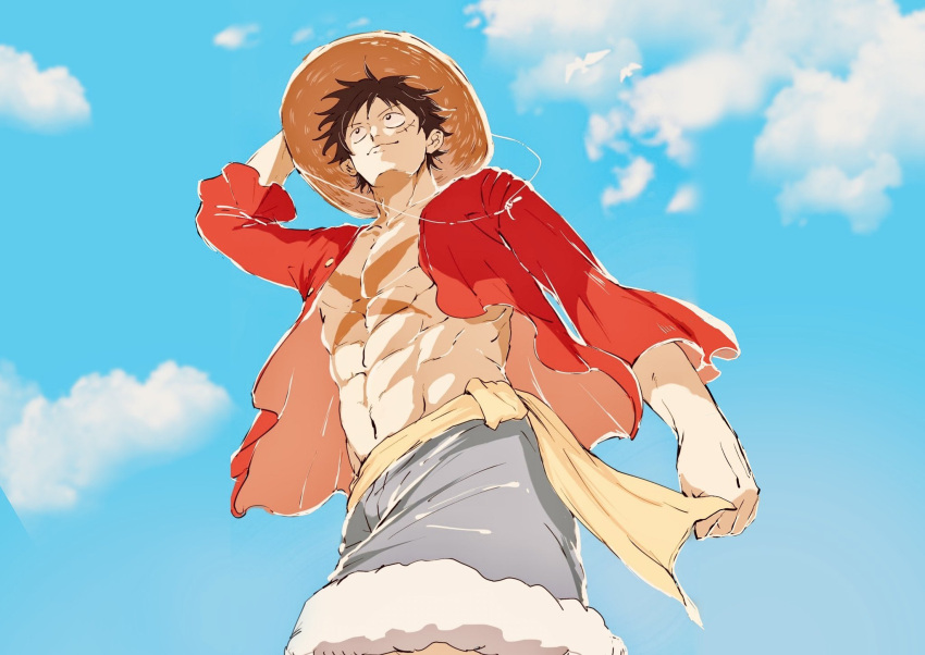 1boy, abs, ame_ekai, bird, black_hair, blue_shorts, blue_sky, clenched_hand