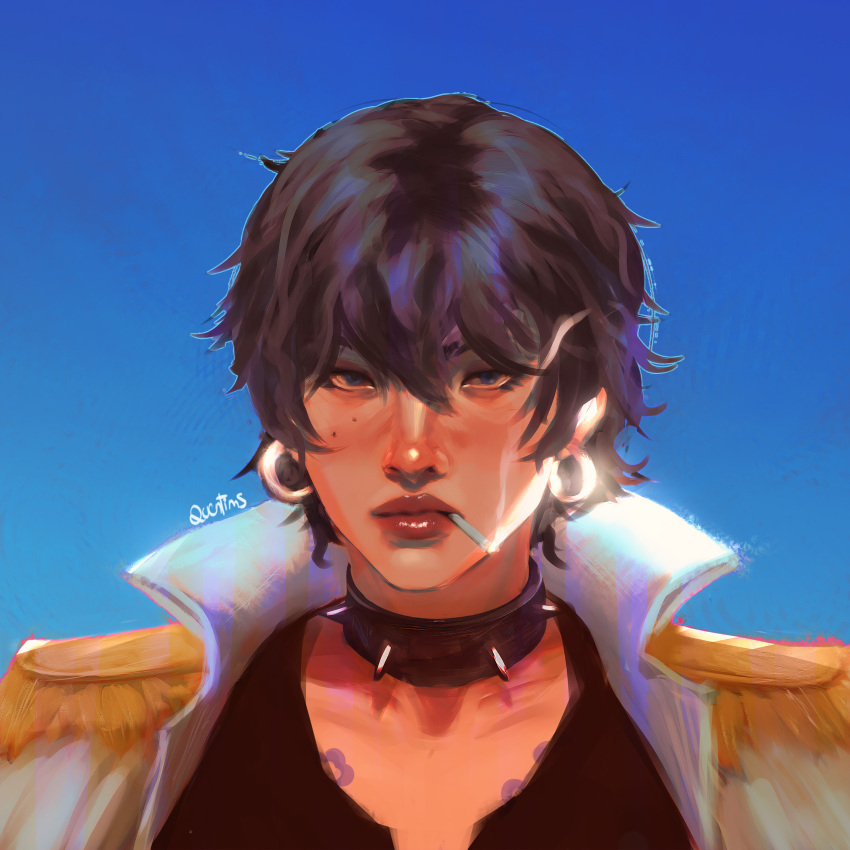 1girl, black_hair, blue_sky, choker, cigarette, close-up, collared_shirt, commentary