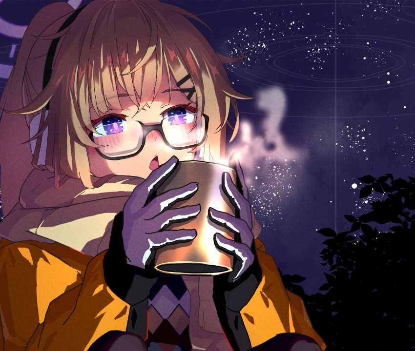 1girl, absurdres, black-framed_eyewear, blonde_hair, blue_archive, blush, brown_scarf, commentary_request, cup, glasses, gloves, halo, highres, holding, holding_cup, jacket, kotama_(blue_archive), kotama_(camp)_(blue_archive), long_hair, matsumoto_yutaka, multicolored_sweater, night, open_mouth, ponytail, purple_halo, scarf, semi-rimless_eyewear, sky, solo, star_(sky), starry_sky, steam, sweater, under-rim_eyewear, violet_eyes, white_gloves, yellow_jacket