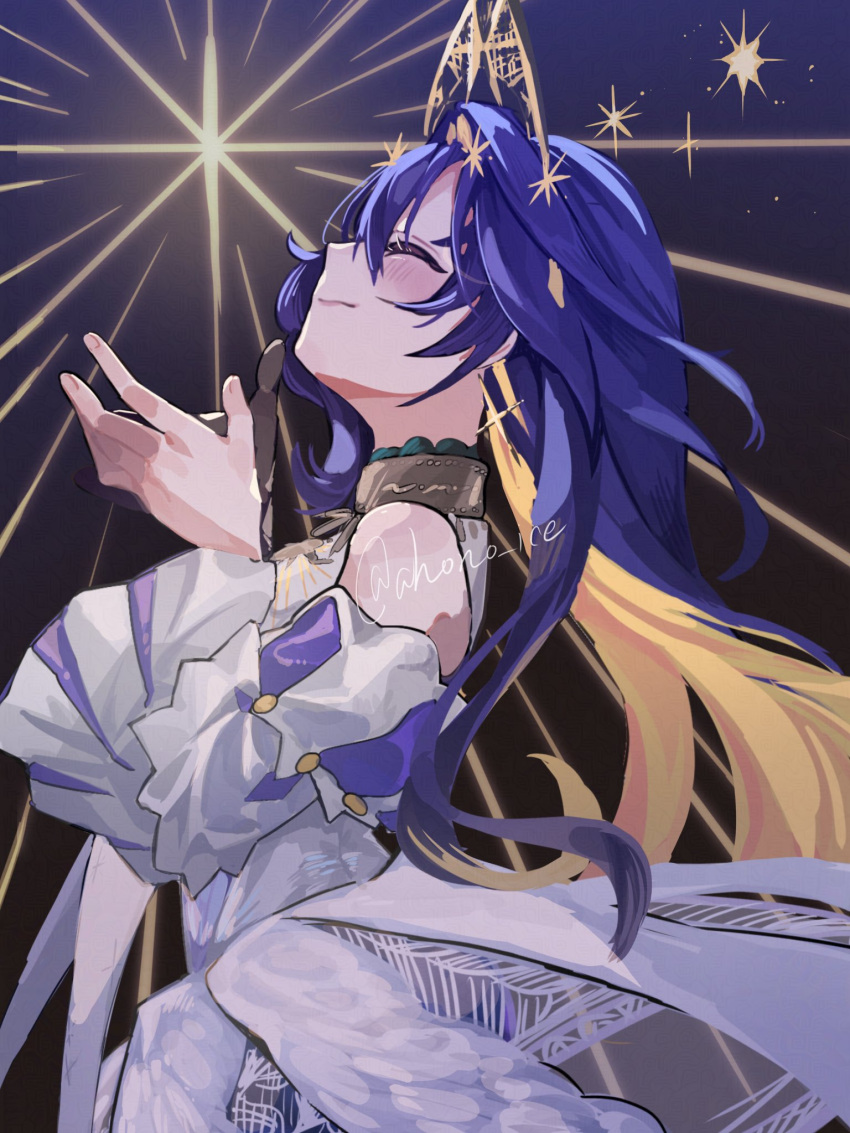 1girl, aisu_(ahono_ice), bare_shoulders, black_background, blonde_hair, blue_background, blue_hair, closed_eyes
