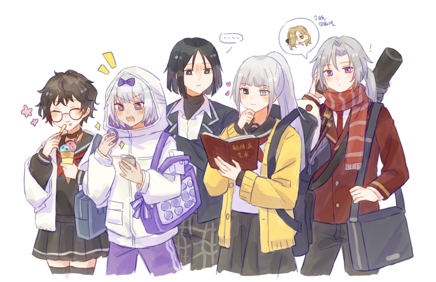 +_+, 2boys, 3girls, absurdres, albina_(project_moon), bag, black_eyes, black_hair, black_jacket, blunt_bangs, book, bow, buzhe477, cardigan, cellphone, chinese_commentary, closed_eyes, commentary_request, contemporary, cropped_legs, eating, food, food_on_face, glasses, grey_eyes, grey_hair, hair_bow, heterochromia, highres, holding, holding_book, holding_food, holding_ice_cream, holding_phone, hood, hood_up, hoodie, ice_cream, jacket, kira_(project_moon), limbus_company, long_hair, long_sleeves, lucio_(project_moon), multiple_boys, multiple_girls, open_book, open_cardigan, open_clothes, open_jacket, pants, parted_hair, phone, plaid_clothes, plaid_pants, pleated_skirt, ponytail, project_moon, reading, red_scarf, ren_(project_moon), round_eyewear, sailor_collar, scarf, school_uniform, serafuku, shirt, short_hair, shoulder_bag, simple_background, skirt, sora_(project_moon), speech_bubble, spoken_character, talking_on_phone, turtleneck, valencina_(project_moon), violet_eyes, white_background, white_hair, white_hoodie, white_jacket, yellow_cardigan